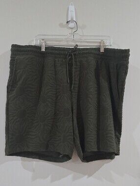 ROWM Men's Green Floral Spandex Sweat Shorts Flat Front Pockets XXL 7 in